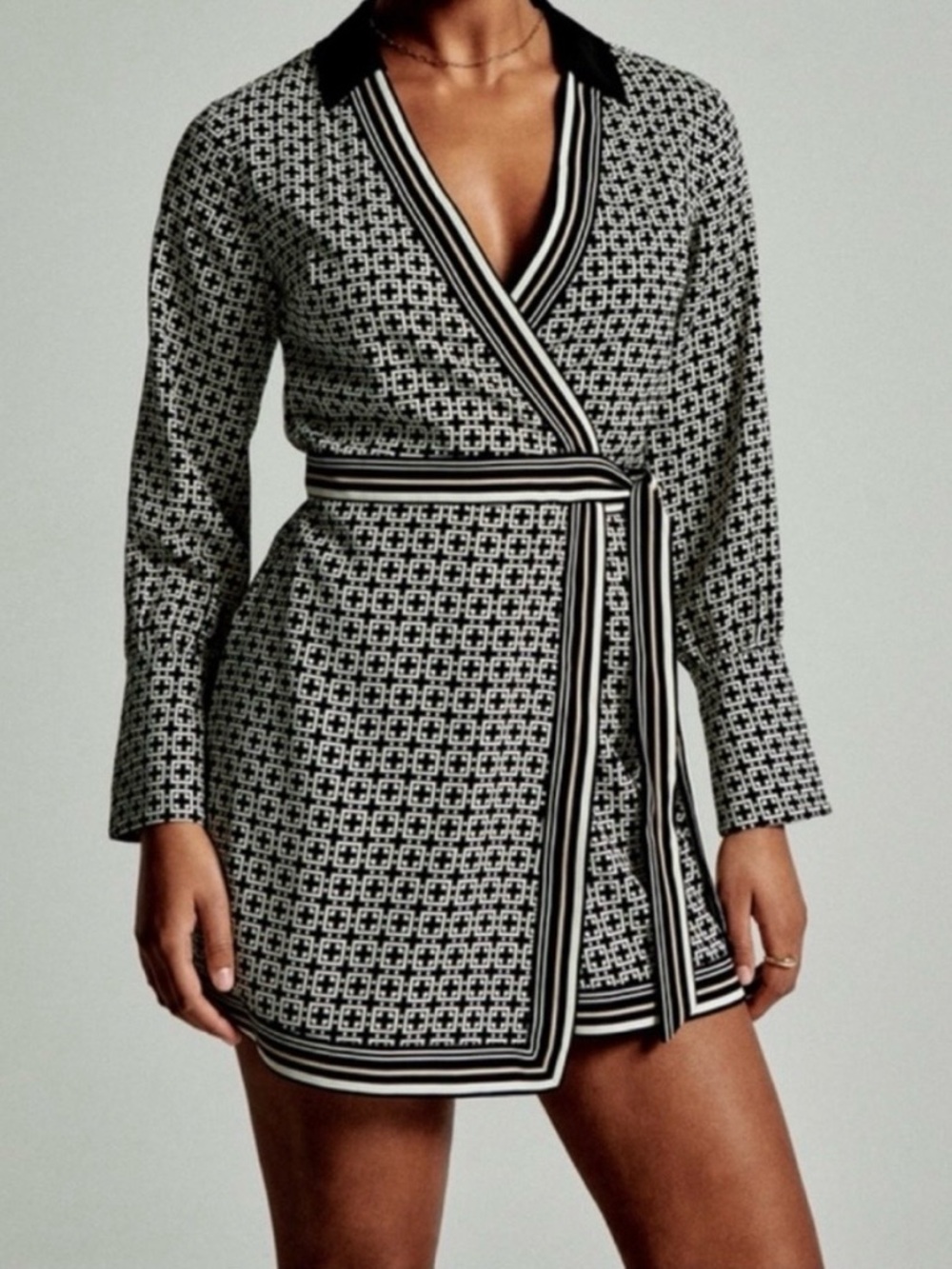 Black and White Geometric Wrap Mini Dress